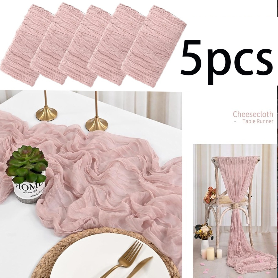 TEMU Set van 5 stuks grijs-roze kaasdoek tafelloper, doorschijnende tule tafelloper, semi-transparante tafelloper in Boheemse rustieke stijl,