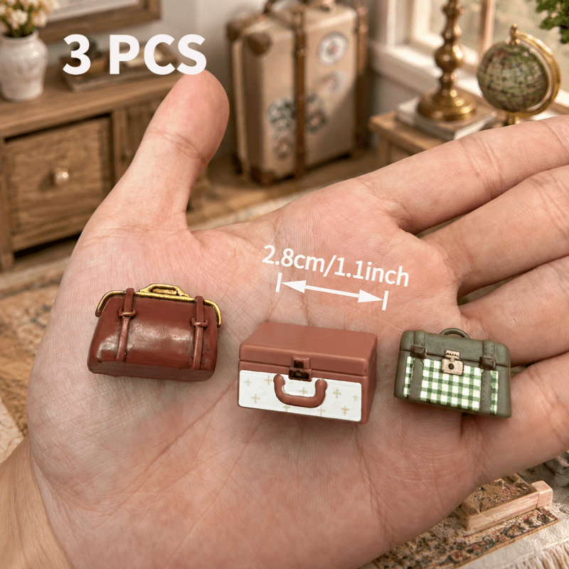 TEMU Set di valigie vintage in miniatura per casa delle bambole, 3 pezzi, di valigia da viaggio retr簷 e borsa da cabina, mini aggiunte per casa delle