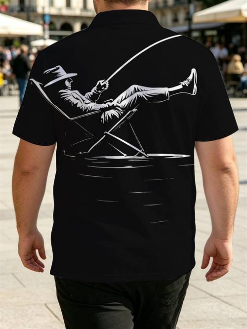 mens minimalist black white line art button up shirt reclining angler with fishing rod design high contrast graphic short sleeve casual top for summer leisure and outdoor activities plus size