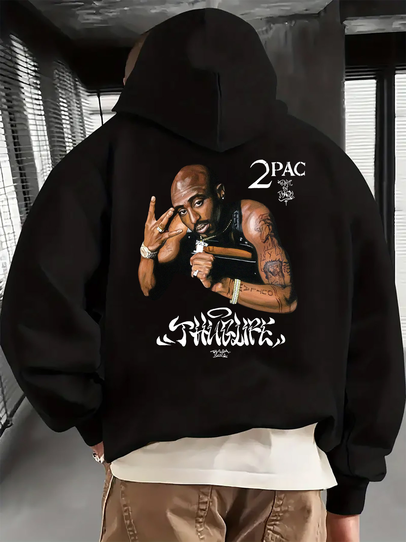 Men'S Casual Hoodie Featuring a "2Pac Rap Hand-Drawn" Print on The Back, Long-Sleeve Pullover with a Front Pocket, Machine Washable, Warm Sweater for Autumn And Winter, Everyday Pullover, Durable Patterned Sweatshirt.