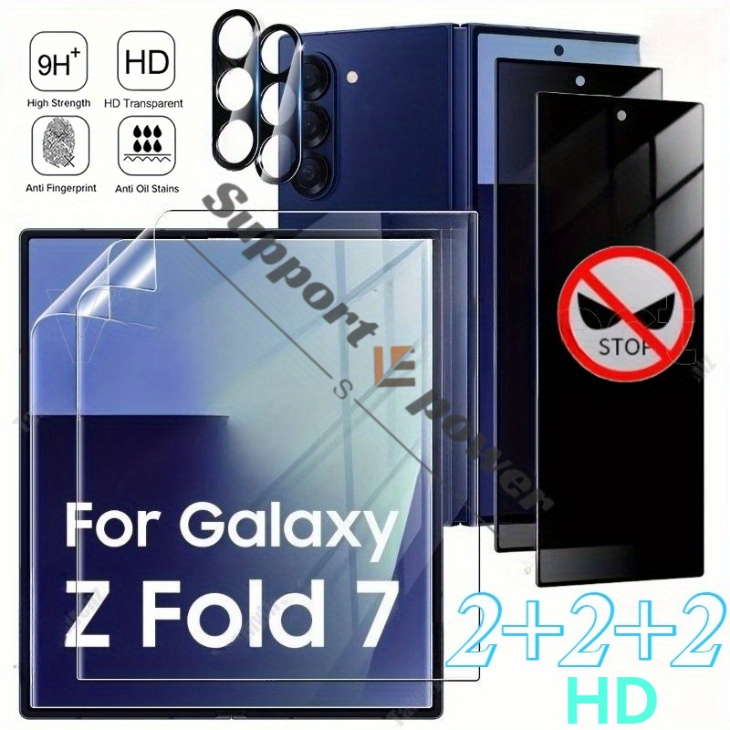 TEMU 6-in-1 Set For Galaxy Z Fold 7/6/5: Privacy Screen Protector, 2pcs Flexible Tpu Film   2pcs Anti-spy Tempered Glass   2pcs Lens Protectors With