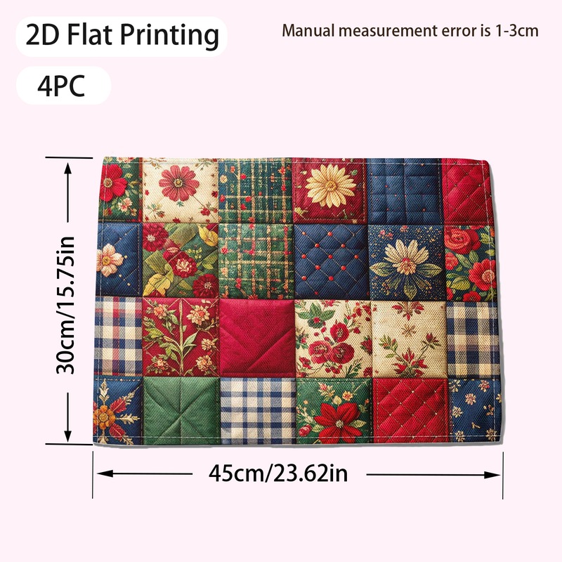 TEMU Lot de 4 sets de table rectangulaires pour salle à manger, motif à carreaux floraux vintage , bords renforcés et tissu lavable en machine,
