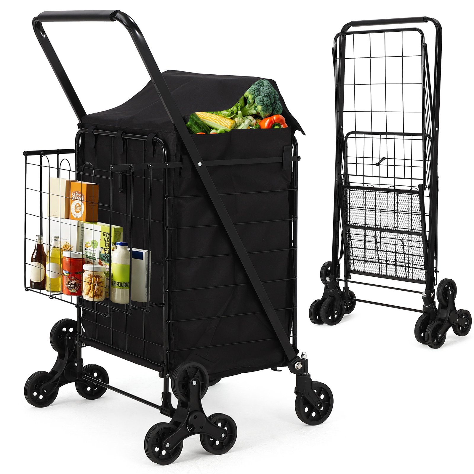 Folding Shopping Trolley With Wheels And Mesh Base, Metal Grocery Cart With Portable Pull Trolley With Back Basket For Market, Laundry, Camping