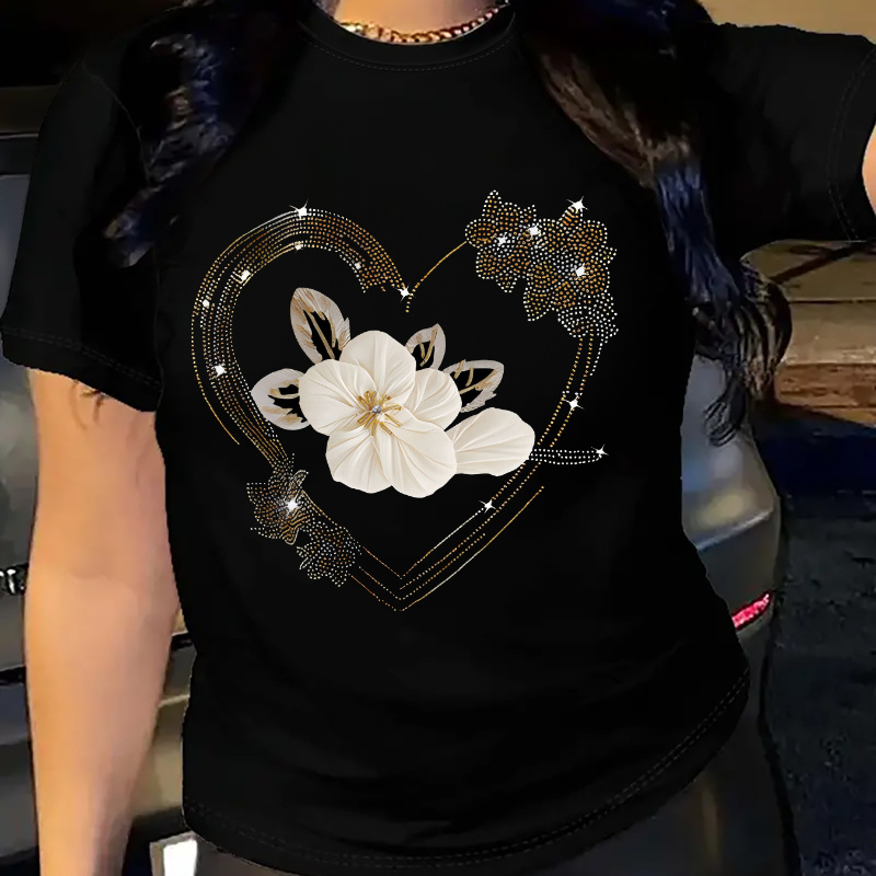 

Women's Breathable & Comfortable Summer T-shirt With Heart Print - Casual Sporty Style, Machine Washable
