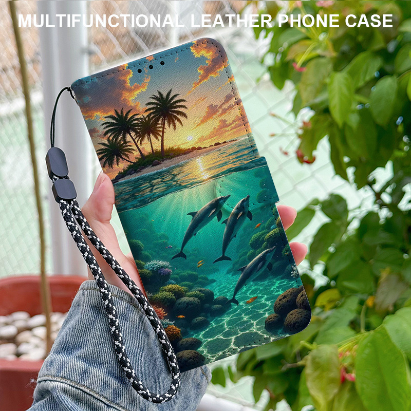 TEMU Phone Case - Dolphin Pattern Flip Foldable Wallet Phone Case With Card Slots, Magnetic Closure And Detachable Lanyard, For Galaxy A15 4g/a14