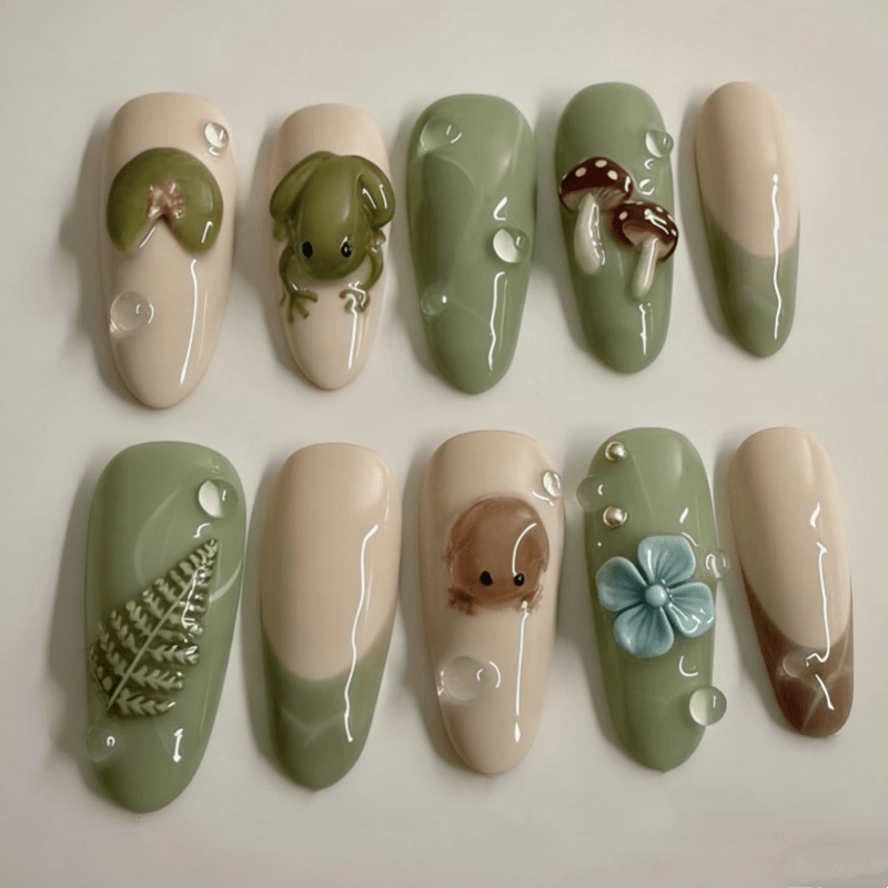 TEMU 48pcs Press On Nail Set Long Almond Shape Cream White And Gradient Base With 3d Frog Mushroom Lotus Leaf Flower And Water Drop Pearl Accents
