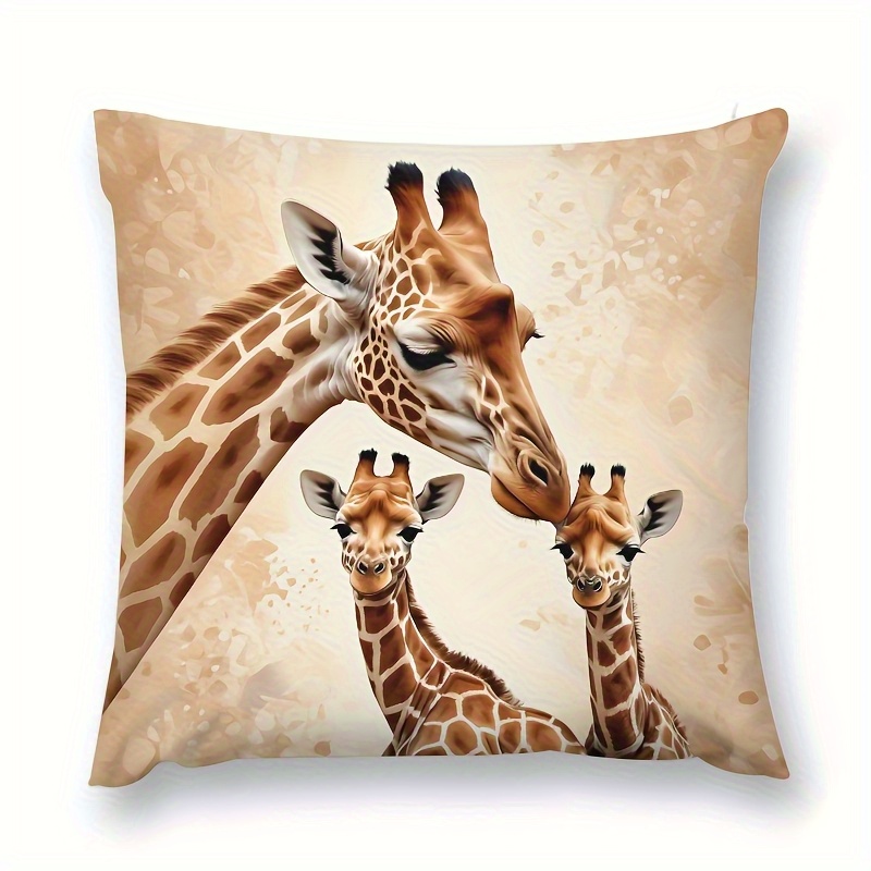 TEMU 1pc, Giraffe Print Pillow Case, Bright Polyester Pillow Case, With Realistic Giraffe Family Design, Very Suitable For Home, Car And Gift