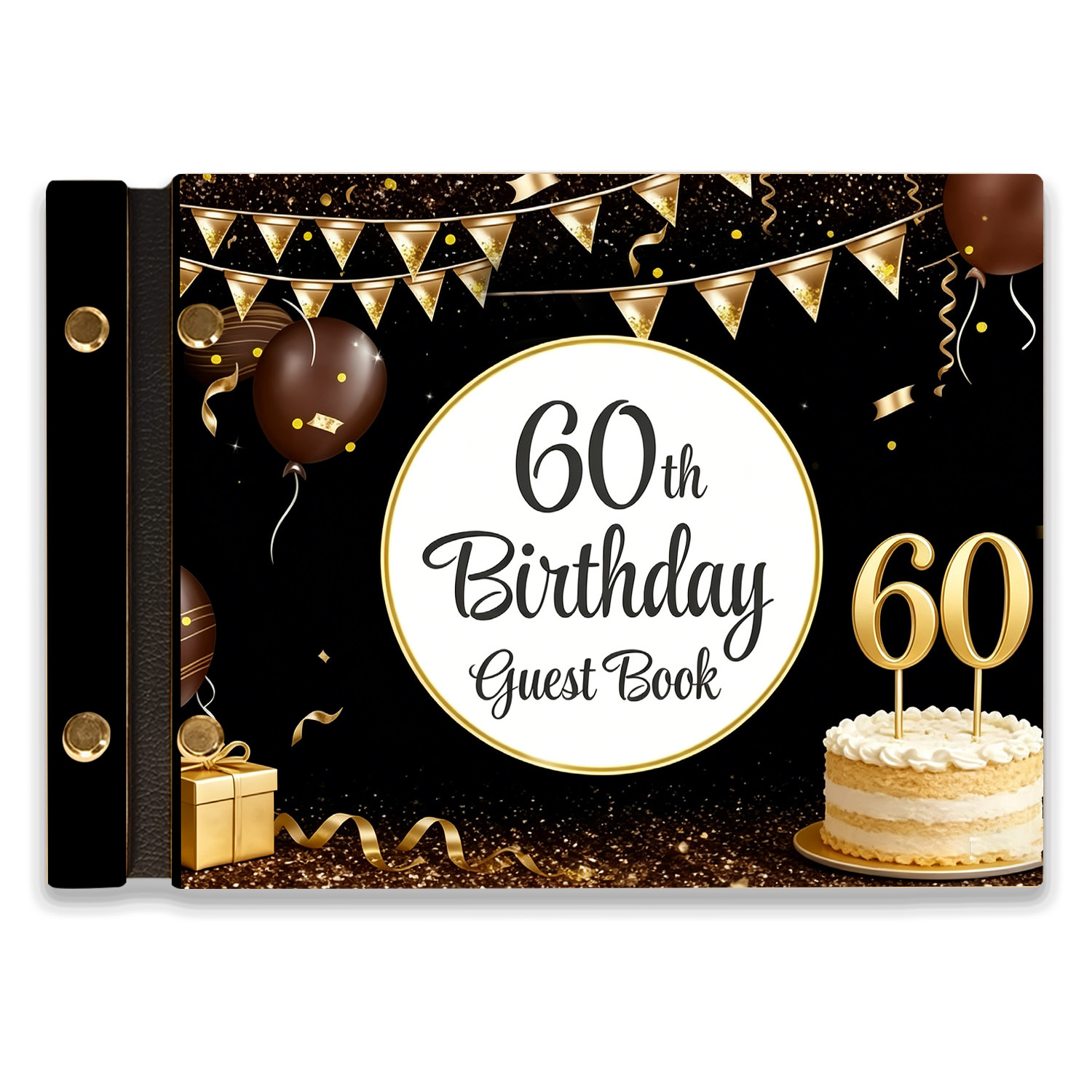 TEMU 1set Wooden 60th Birthday Guest Book, 40 Pages Hardcover Book, Black Background With Golden Glitter, Cake & Party Bunting Design, Birthday Party