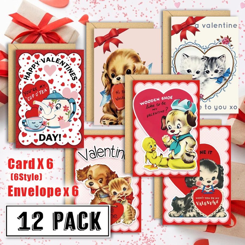 

12-pack Retro Valentine's Day Greeting Cards With Envelopes, Assorted , Romantic Paper Cards For Couples, Husband, Wife, Boyfriend, Girlfriend - Floor Mount, No Power Required