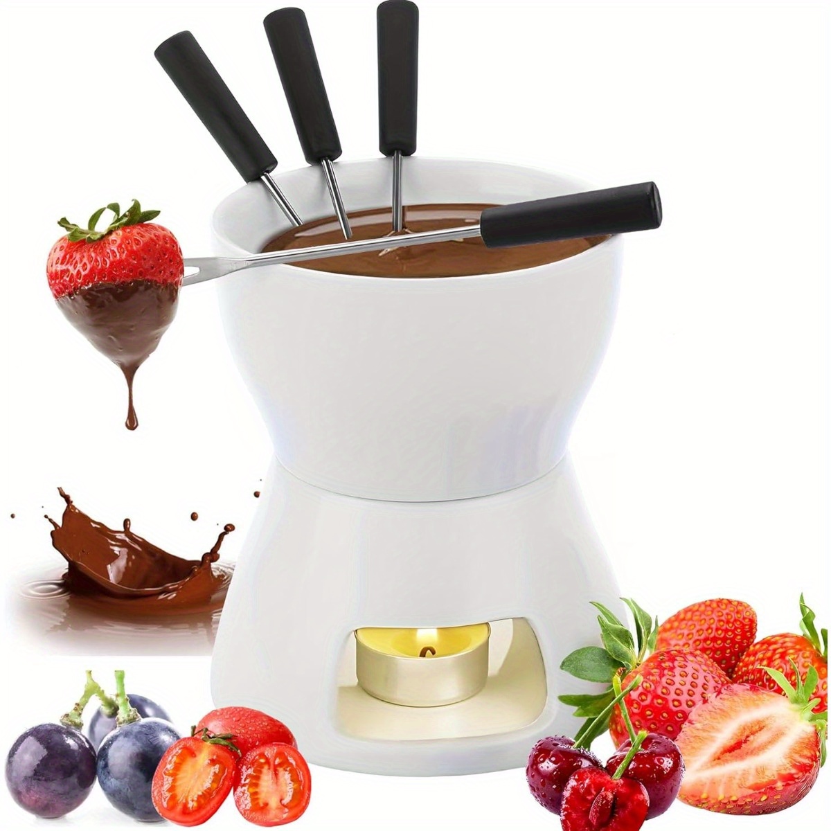 TEMU Toyvian 1/ 2-set Ceramic Chocolate Fondue Set, Cheese With 4/ 8 Stainless Steel Forks, 400ml Butter Warmer, Cheese Fondue Set - Suitable For