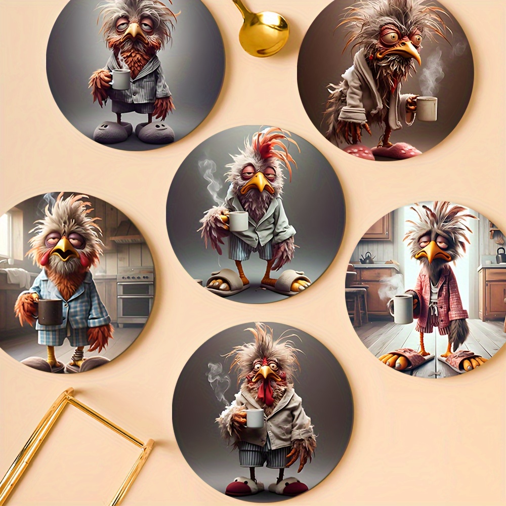 6pcs Whimsical Chicken Drinking Coffee Coaster Set - Heat Resistant, Perfect For Home, Office, And Themed Parties