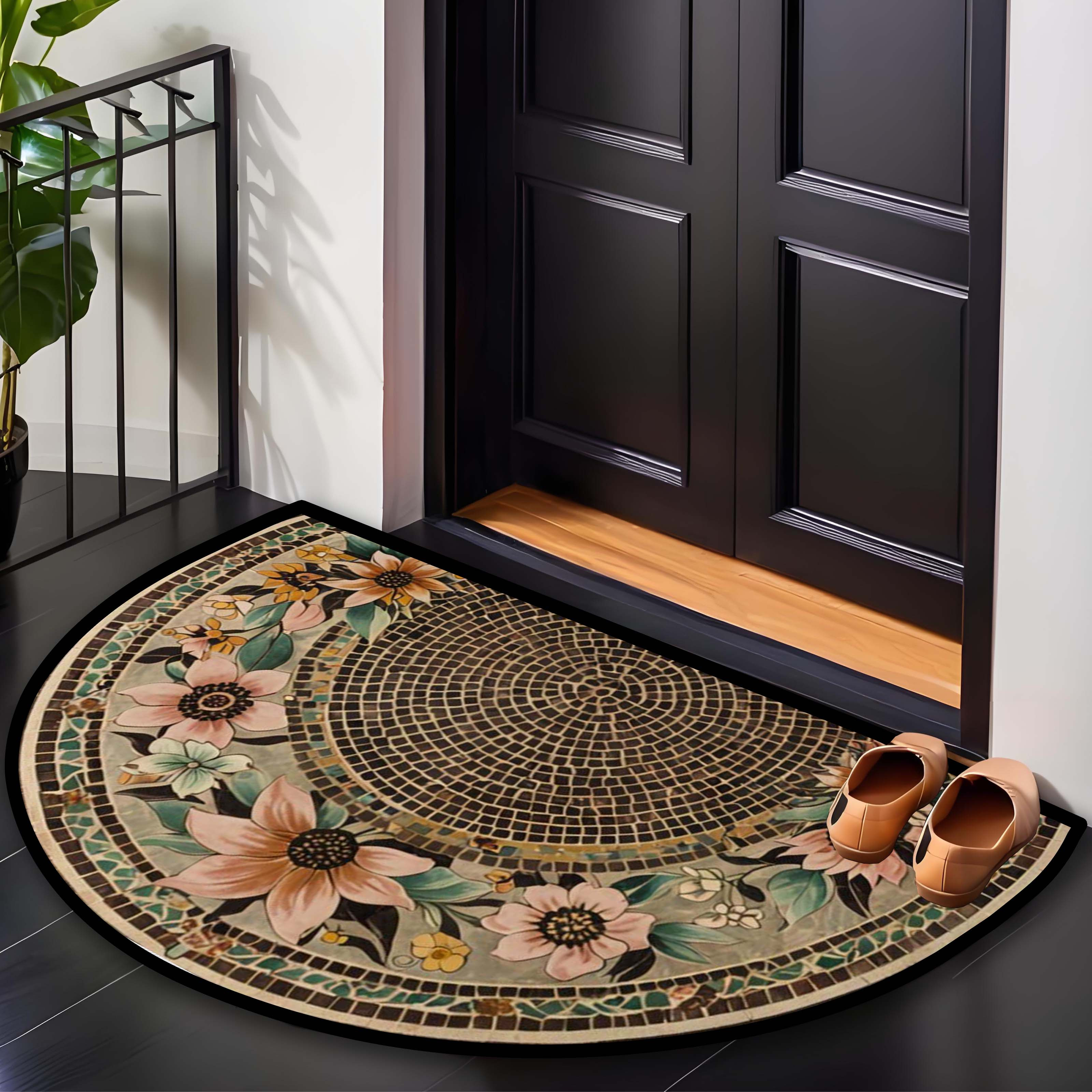 E-shop Luxuriöser Vintage Ethnischer Willkommens-Fußmatte - Kristall-Blumenmuster mit Mosaikstein-Rand, Rutschfeste Polyester-Eingangsmatte für