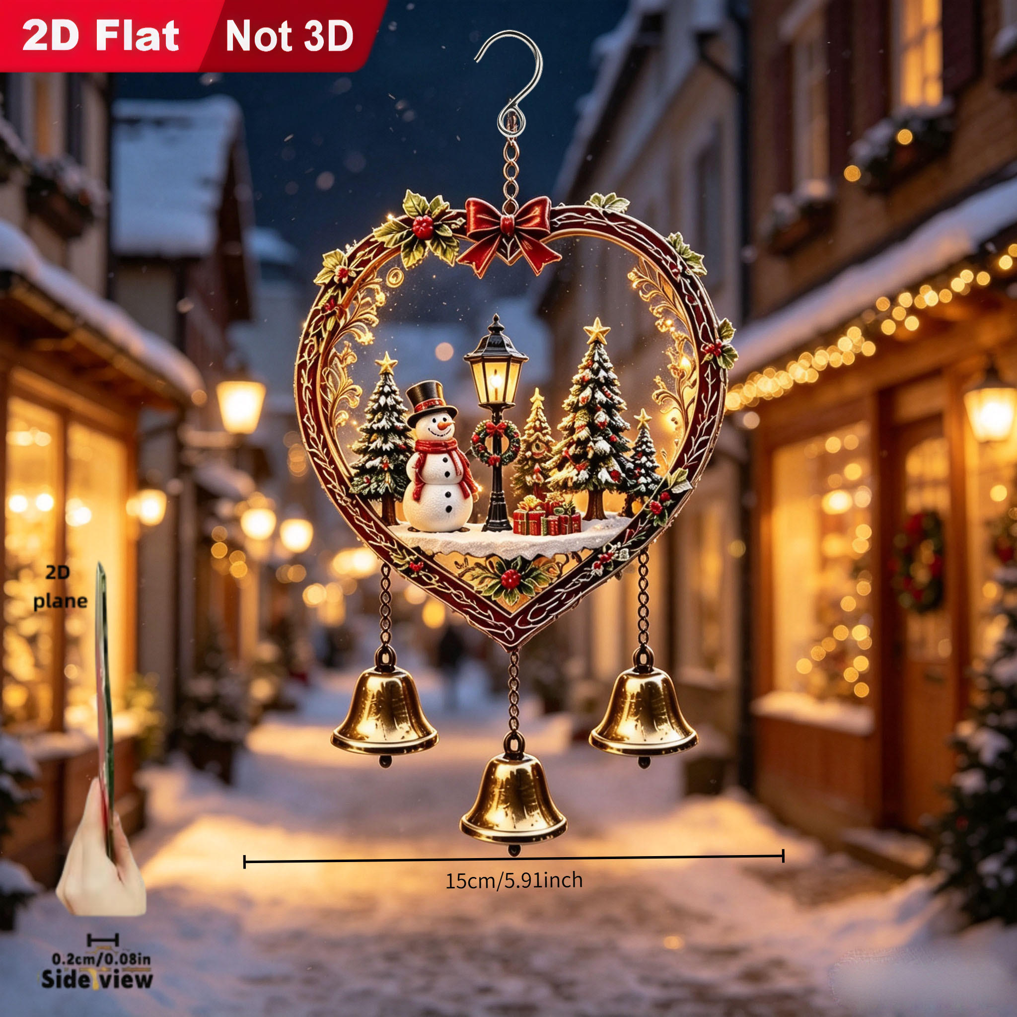 TEMU Christmas Heart-shaped Wreath Wind Chime Ornament, Flat Acrylic Decorative Hanging Piece, Featuring A Heart-shaped Carved Border With Christmas