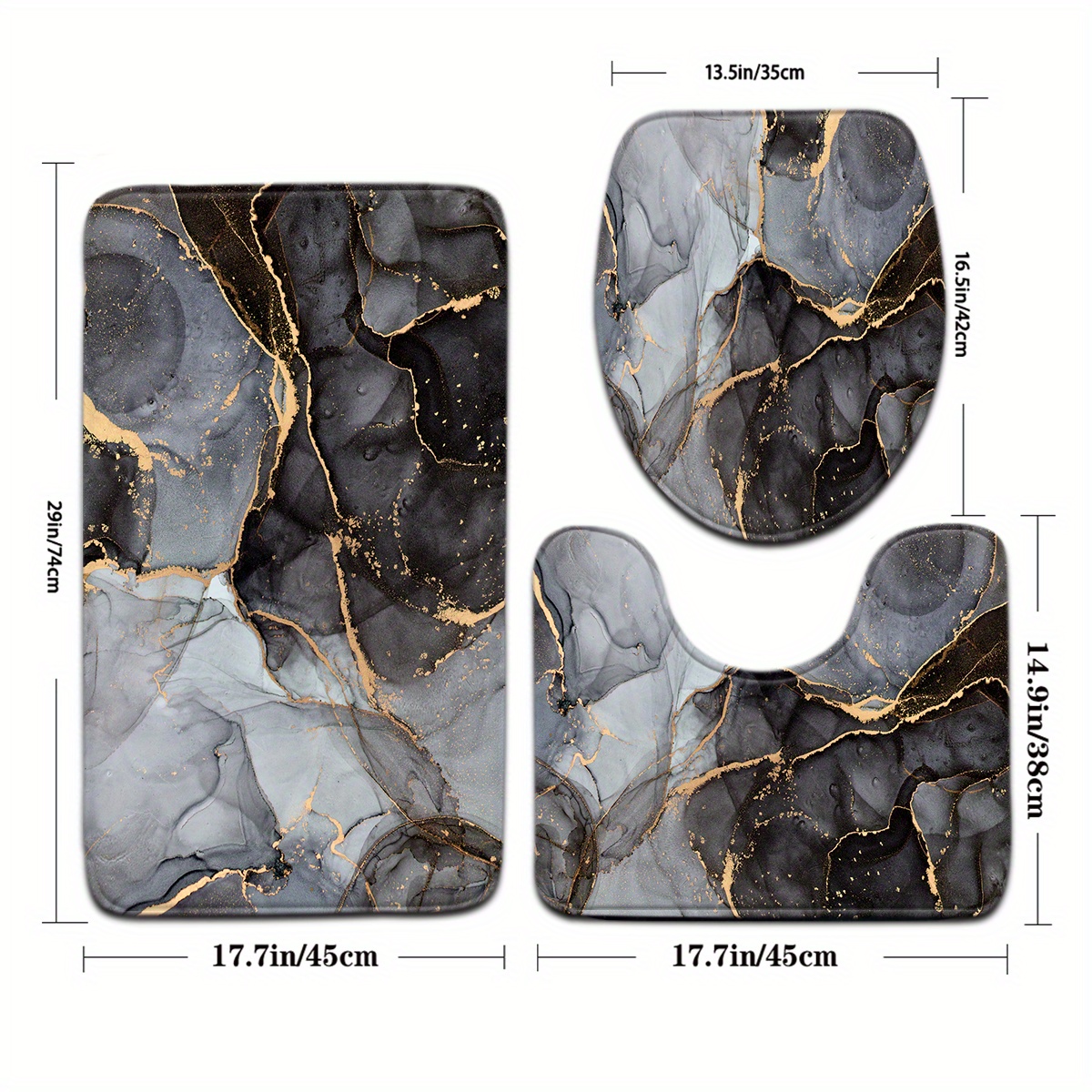 3pcs Modern Black-gray Marble Pattern Bathroom Mat Set, Toilet Lid Cover, U-shaped Foot Mat