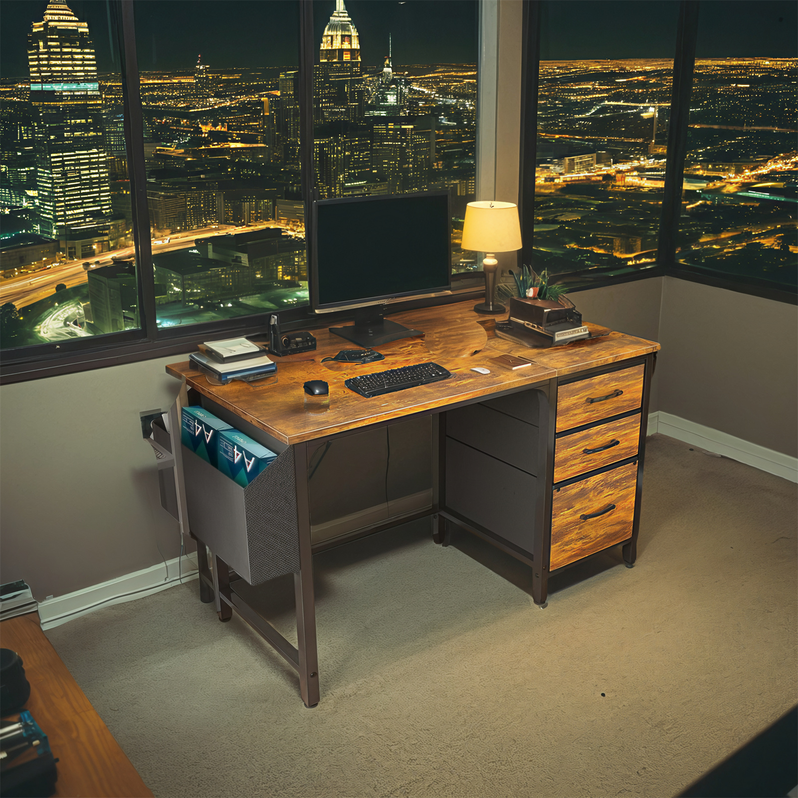 

47" Office Desk In Country Brown With Fabric File Drawers, Open Storage Shelf, And Cable Management - Ideal For Small