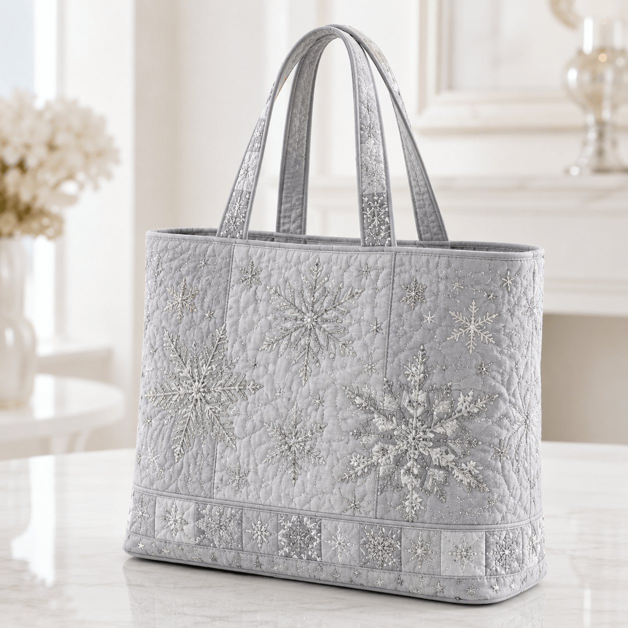 Image of 17*15inchquilted Tote Bag For Women, Silvery Snowflake Embroidery Tote Bag, Elegant Winter Quilted , Soft Handheld Bag, Large Capacity School Work Bag For Daily Use Weekend Gym