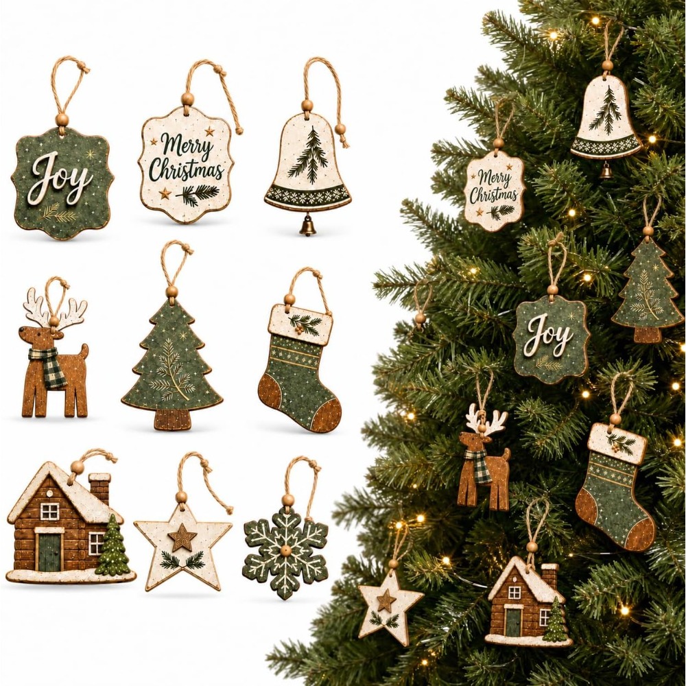 TEMU 2d Flat - 16pcs Green Rustic Farmhouse Wooden Christmas Ornaments 2d Flat Xmas Tree Hanging Pendants With Jute Rope For Decor