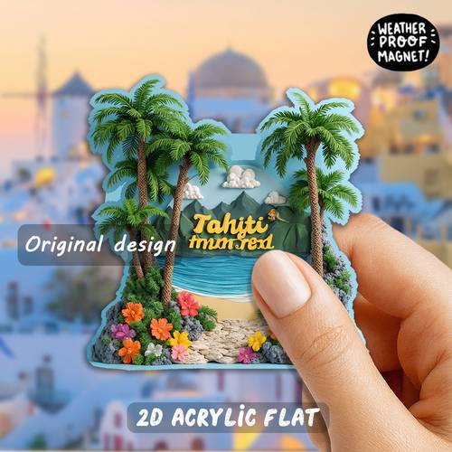 öğe resmi 1 fransız polinezyası buzdolabı mıknatısı - 2d düz akrilik bulaşık makinesi mıknatısı, yapıları, ağaçlar ve hibiskus çiçekleri i̇çerir - fransız ada seyahat hatıraları, dekorasyonlar ve tatil hediyeleri i̇çin uygun, 2d düz