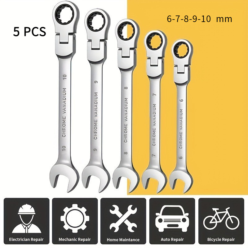 

5pcs Labor-saving Ratchet Wrench Set, Adjustable Carbon Steel, Multi-functional, Mechanical Operation, Universal Fit For Car, Motorcycle, , -one Wrench Kit