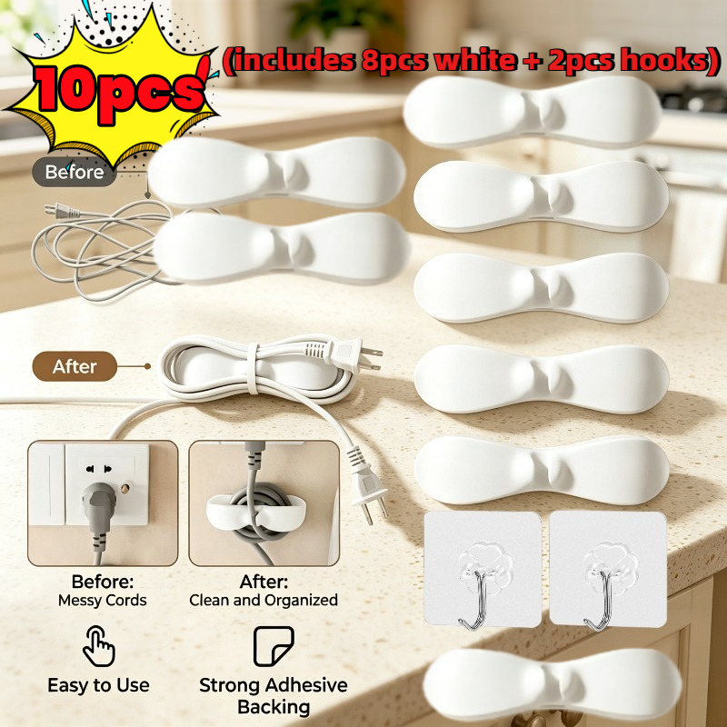 TEMU 10pcs Heavy-duty Kitchen Appliance Cable Organizer Set (including 8pcs Silicone Cable Clips And 2pcs Hooks), Multifunctional Organizer, Non-slip