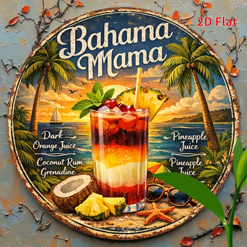 TEMU 2d Flat - [2dflat]1pc 20x20cm- Retro Bahama Mama Cocktail Tin Sign, Vintage For Bar Wall Art, Round Metal Sign For Bar, Pub, Beach House Decor