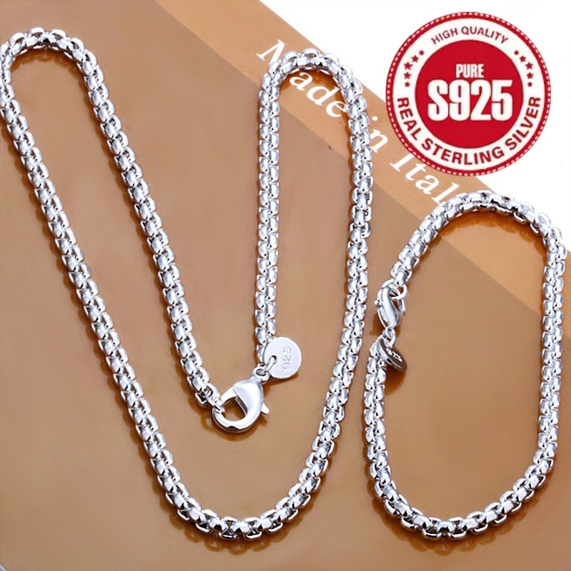 

1 Set Fashion 925 Sterling Silvery Chain Necklace And Bracelet, Hip-hop Style, Simple Basic Chain, Elegant Round Bead, Men's Jewelry Accessories