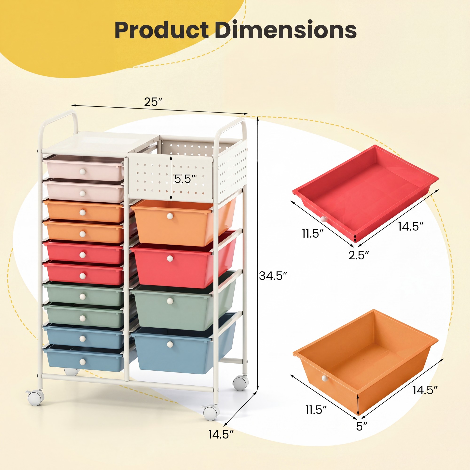 14 drawer rolling storage cart with pegboard mobile utility organizer on wheels with 2 locking brakes metal frame wagon cart multifunctional art craft trolley for classroom home office and playroom