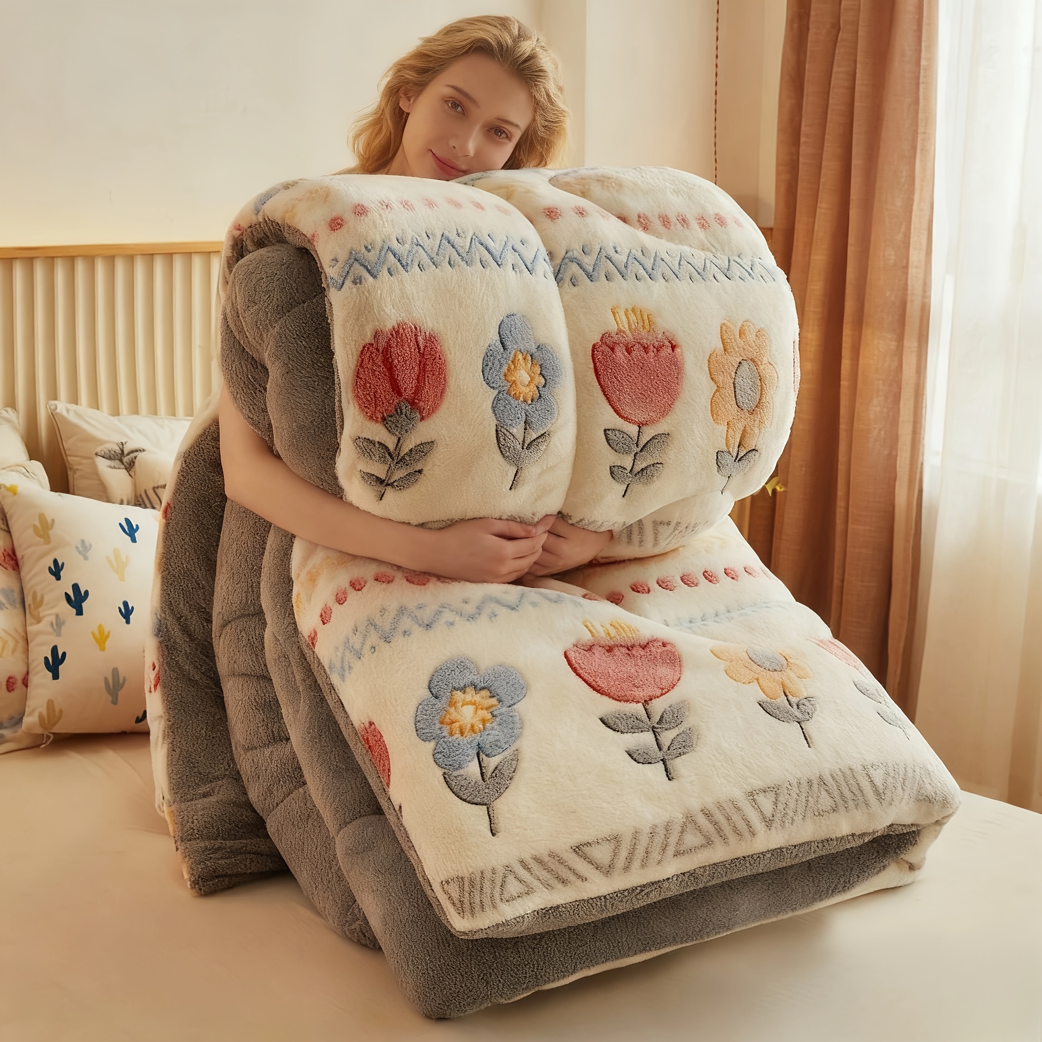 TEMU 1 Stück Hochwertige Doppelseitige Fleece-Decke, Verdickte Valentinstagsgeschenk, Boho-Blumen-Decke, Mikrofaserfüllung, Geeignet für Schlafzimmer