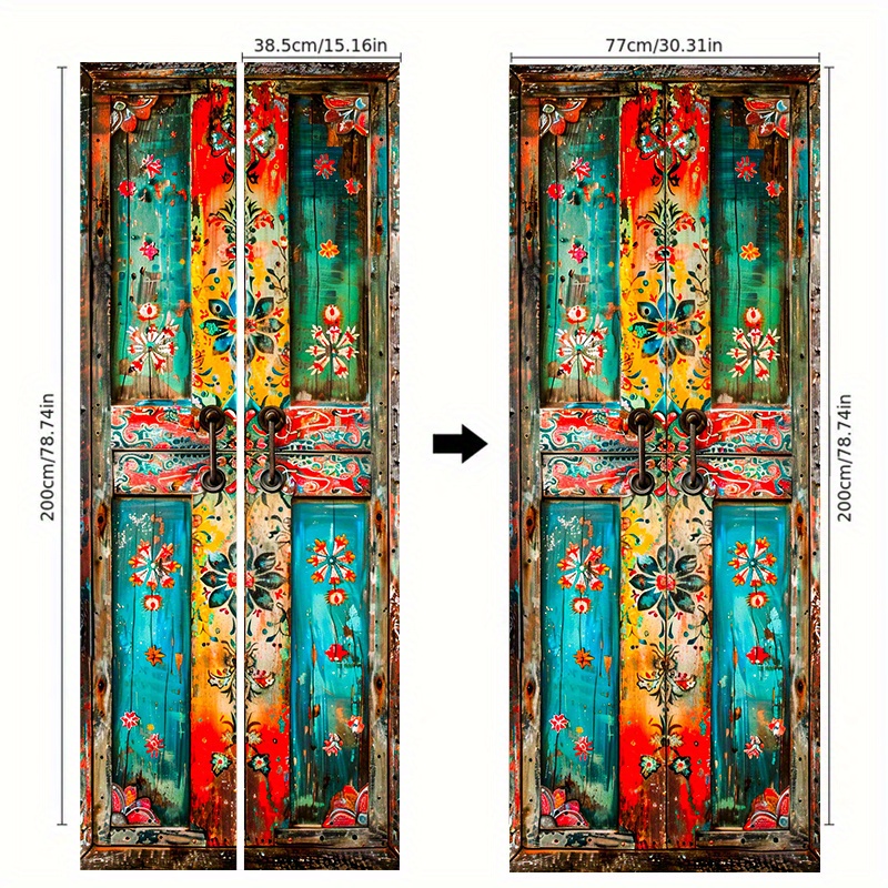 TEMU 1pc Vintage Colored Flower Door Sticker - Removable Paste Wall Decor, 30.31x78.74 Inch Bohemian Art Pvc Sticker, Decor, Bright Floral Patterns,