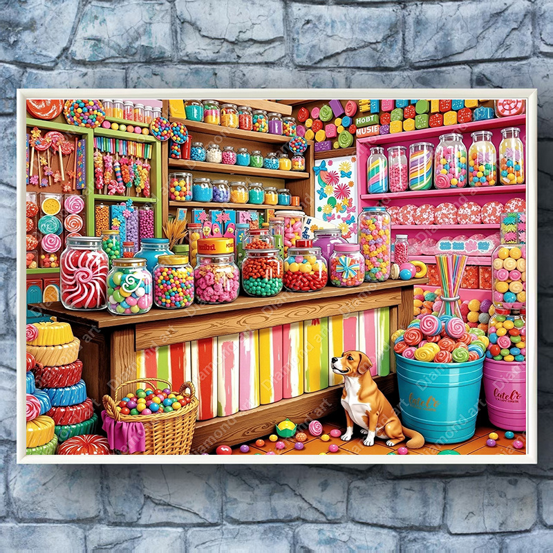 TEMU 1 Set Diamond Painting Kit - Candy Shop Scene With Lollipops, Gummy , And Candies, Round Diamonds, Frameless Canvas, Adult Relaxation Craft,