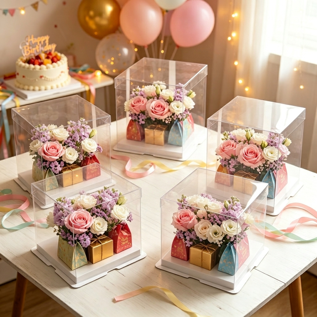 TEMU 5pcs Transparent Square Gift Boxes, High Ribbon-less Packaging Boxes, Birthday Party Tabletop Floral Gift Storage Boxes, Design, Display Boxes,