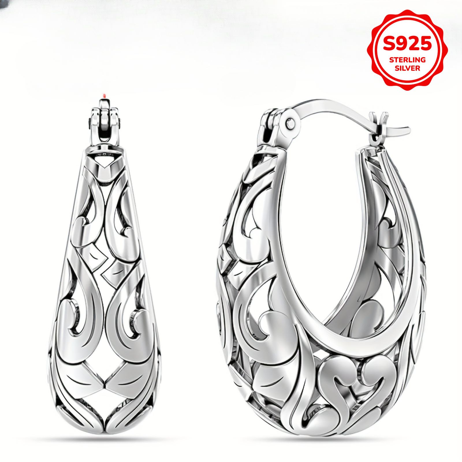 

S925 Sterling Silver Hoop Earrings, Elegant Classic Hollow-out Design, Hypoallergenic Lightweight, For & Gift-, All