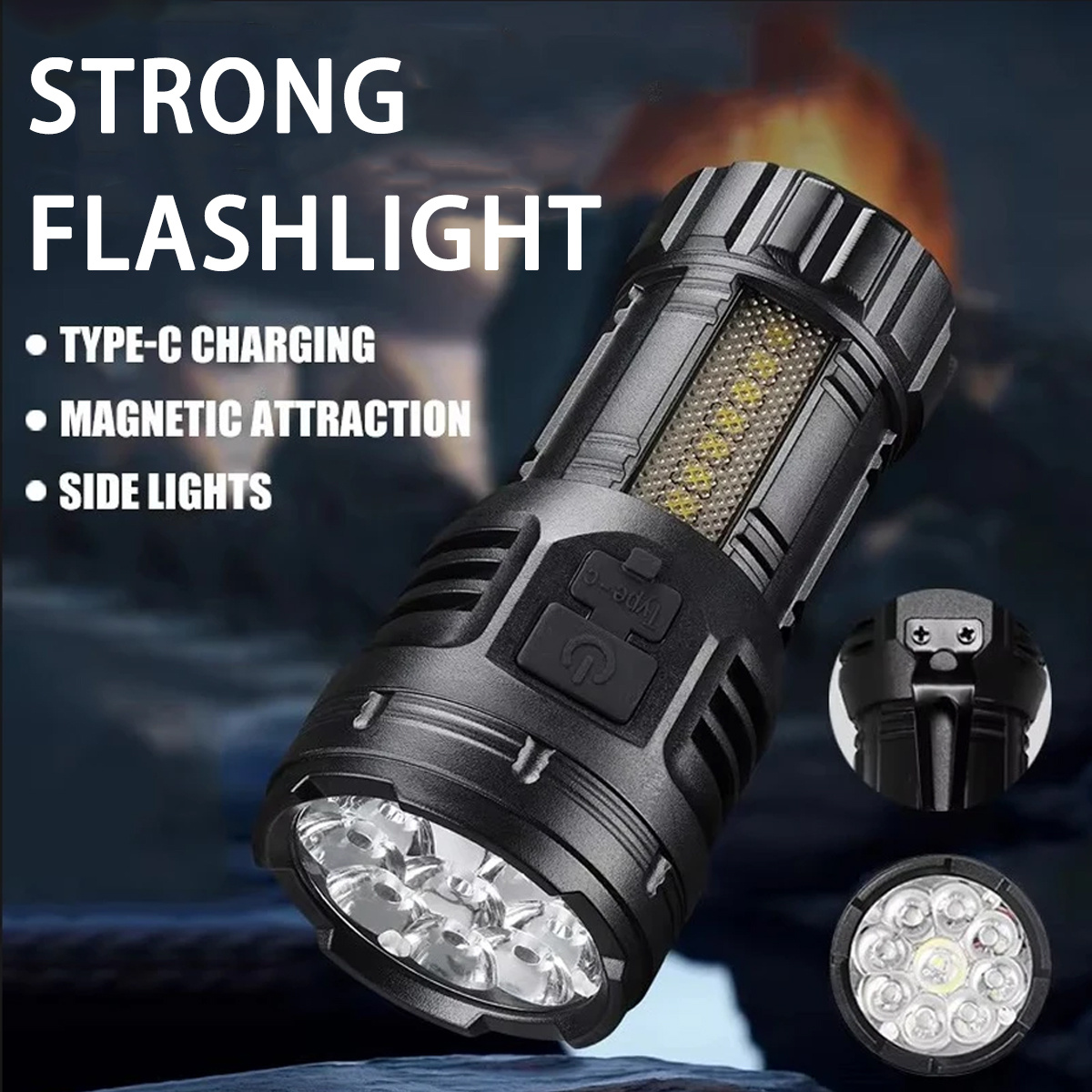TEMU Outdoor Flashlight With Side Light, Rechargeable, Small Portable, With Clip, Outdoor Fishing Lighting, Home Emergency Lighting, Multi-functional