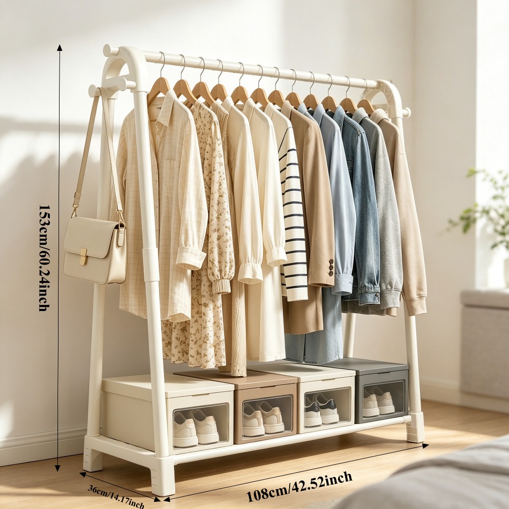 TEMU Freestanding Garment Rack With Bottom Storage, Heavy-duty Carbon Steel Clothing Organizer For Bedroom Or Balcony, 2 Color Options