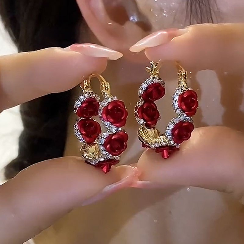 TEMU Stylish Design Red Rose Flower Temperament Earrings High-end Cuffs Exquisite Ear Ornaments Girlfriend Gift Lover Gift