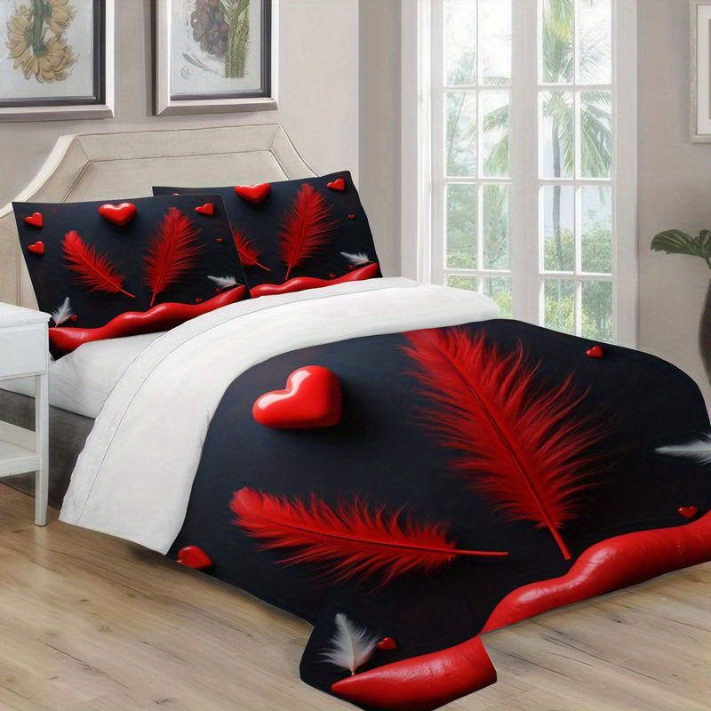 3pcs romantic   heart print bedding set, modern couple theme duvet cover soft microfiber bedroom set black background valentine s day design main bedroom   home bedding set 1 duvet cover + 2 pillowcases Product details 4