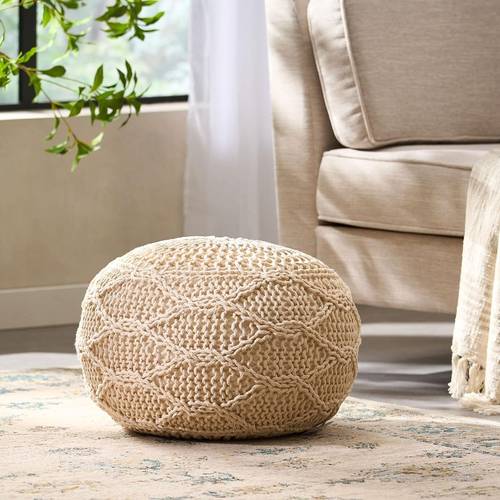 premium knitted wool 20 x 20 round pouf exquisite to lounge areas bedroom corners fashionable home decoration thick and plush easy to place enhances room aesthetics comfortable and stylish addition