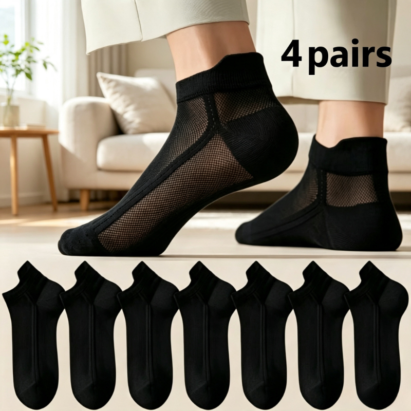 TEMU 4 Pairs Men' & Women' Low-cut Breathable Boat Socks - Solid Color Mesh Ankle Short Socks Suitable For Spring Summer, Non-slip Heel, Invisible