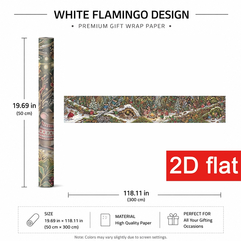 TEMU 2d Flat 1 Roll 50x300cm (19.7x118.1in) Premium Gift Wrapping Paper Featuring Adorable Mice In Festive Attire Greenery, Holiday Decoration,
