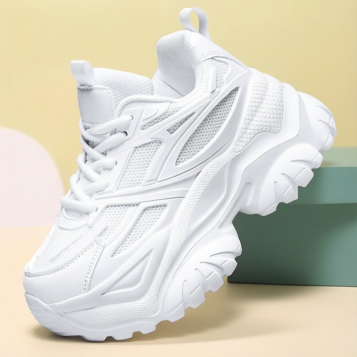 TEMU Tskvcel Increase Platform Sneakers - Breathable Mesh Low-top Shoes With Sole, Round Toe Lace-up Suitable For Commuting, Campus, Travel & Light