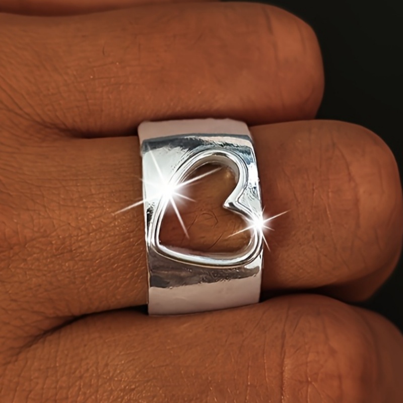 TEMU Anello Largo Argentato con Design a Forma di Cuore Irregolare e Traforato per Donna , per Feste, Casual, , Moda, Stile , , Regalo