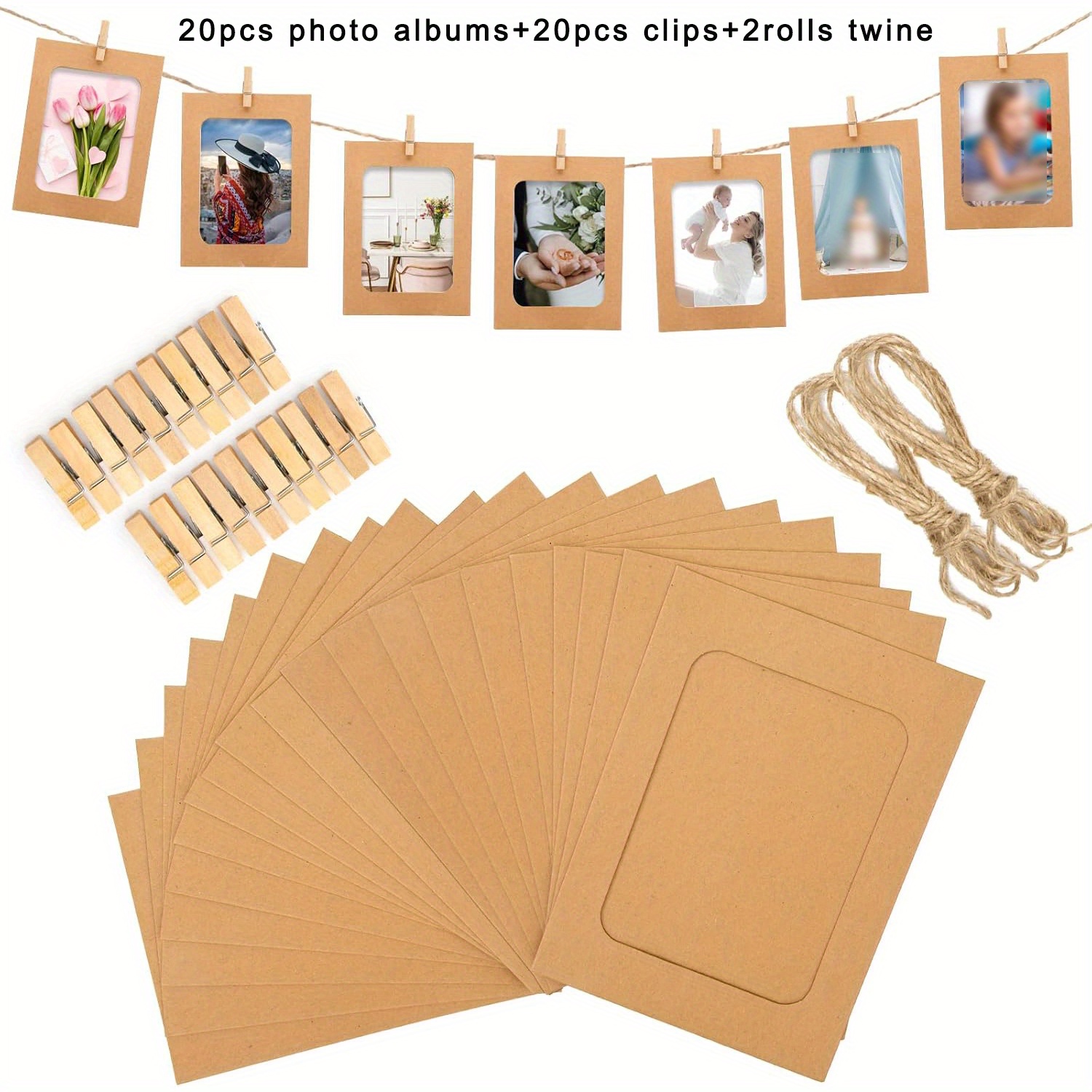 TEMU 42pcs Paper Photo Frames, Including 20pcs Albums, 20 Clips And 2 Rolls Of Twine, 6 Inch Black Paper Photo Frames, Hanging Photo Display Banner,