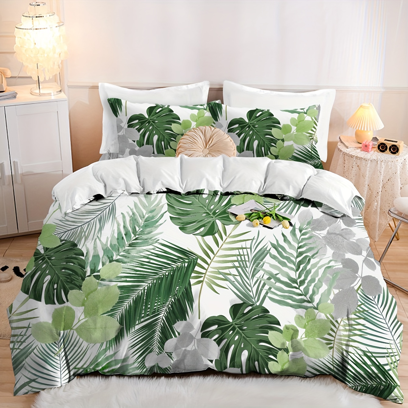 TEMU Bedding Set, Green Leaf Print Polyester Brushed Bedding Set, Soft And Comfortable Duvet Cover, Suitable For Bedroom, , 1 Duvet Cover   2