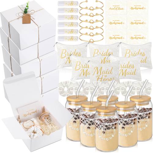 regalo para ella/él 54 piezas regalos de para damas de honor, regalo de dama de honor de regalo de boda bolsa de maquillaje de vaso de vidrio scrunchie pulsera para despedida de soltera de despedida de soltera ( )