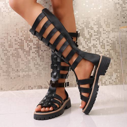 Fashionable Roman-Style Long Tube Sandals for Women, Breathable Open-Toe Thick-Soled Summer Shoes, Versatile Lace-Up High Boots., Women Shoes