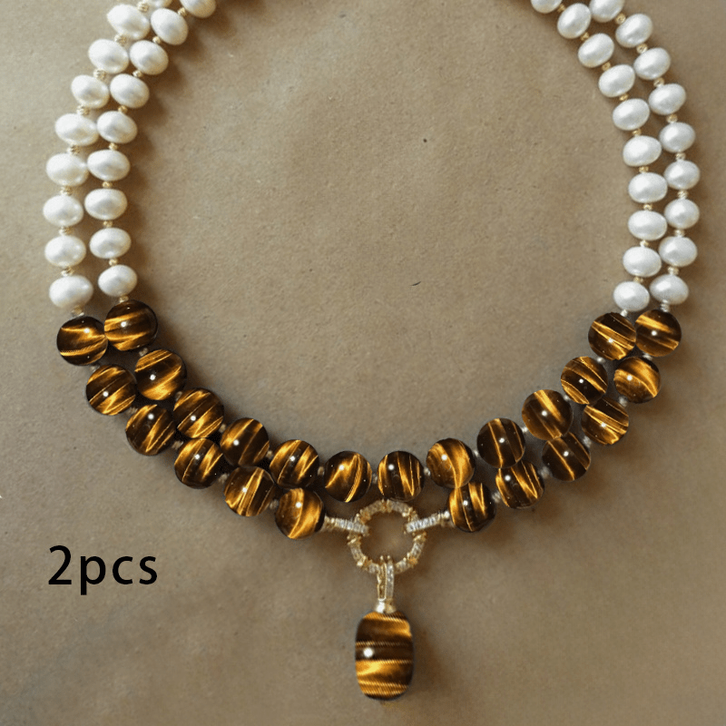 TEMU A Stylish And Chic Necklace Set Featuring 2 Pieces, With Natural Tiger Eye Stones And A Shell Bead Pendant. An Ideal Present For Valentine's Day, Perfect For Everyday Wear And Special Occasions