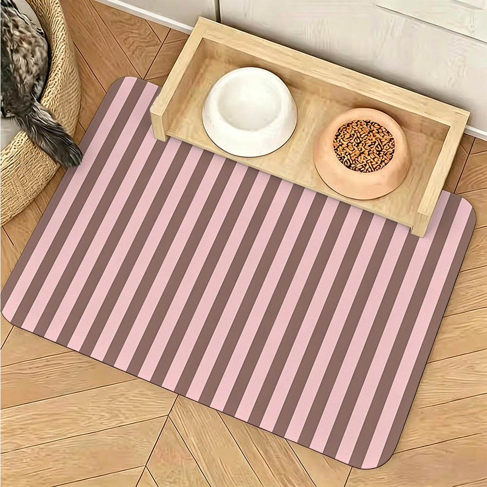 TEMU 1pc, Simple Pink And Brown Striped Print Pet Feeding Mat, Suitable For All Breeds, With A Non-slip Rubber Base. Easy To Bowl Mat, Combining