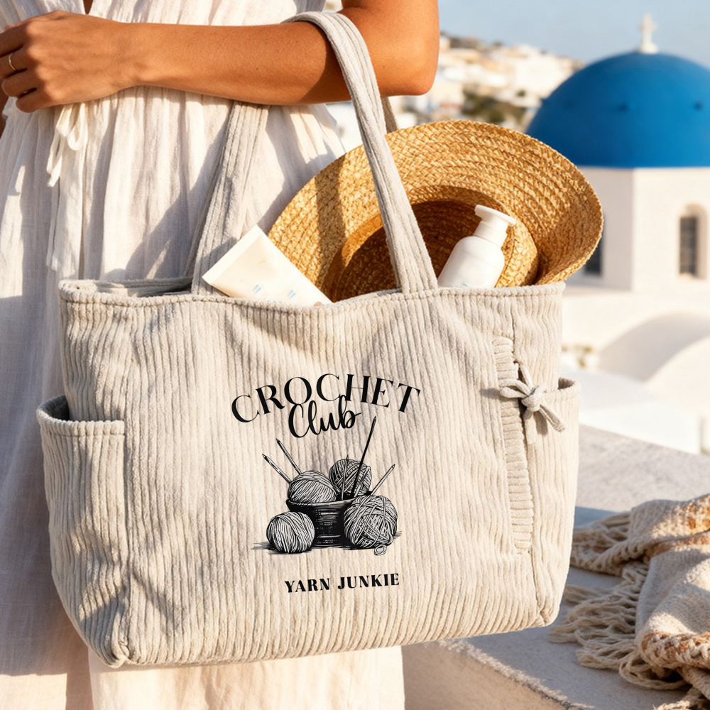 TEMU Tote Bag For Crochet Enthusiasts, Shopper Bag For Yarn Lovers, Corduroy Shoulder Bag, Beach Tote, Project Bag, Perfect Gifts For Crafters,
