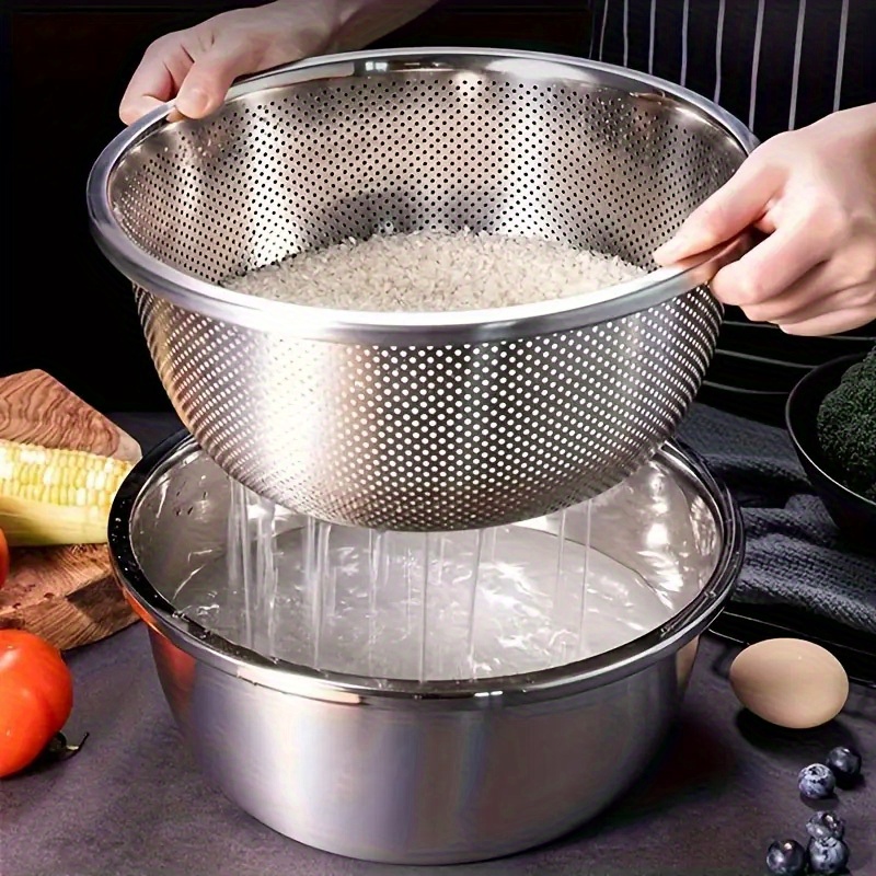 2pcs stainless steel micro perforated colander set multi purpose strainer and mixing bowl for washing vegetables fruits rice and draining pasta extra thick large capacity dishwasher safe rust resistant ideal for kitchen use kitchen essential
