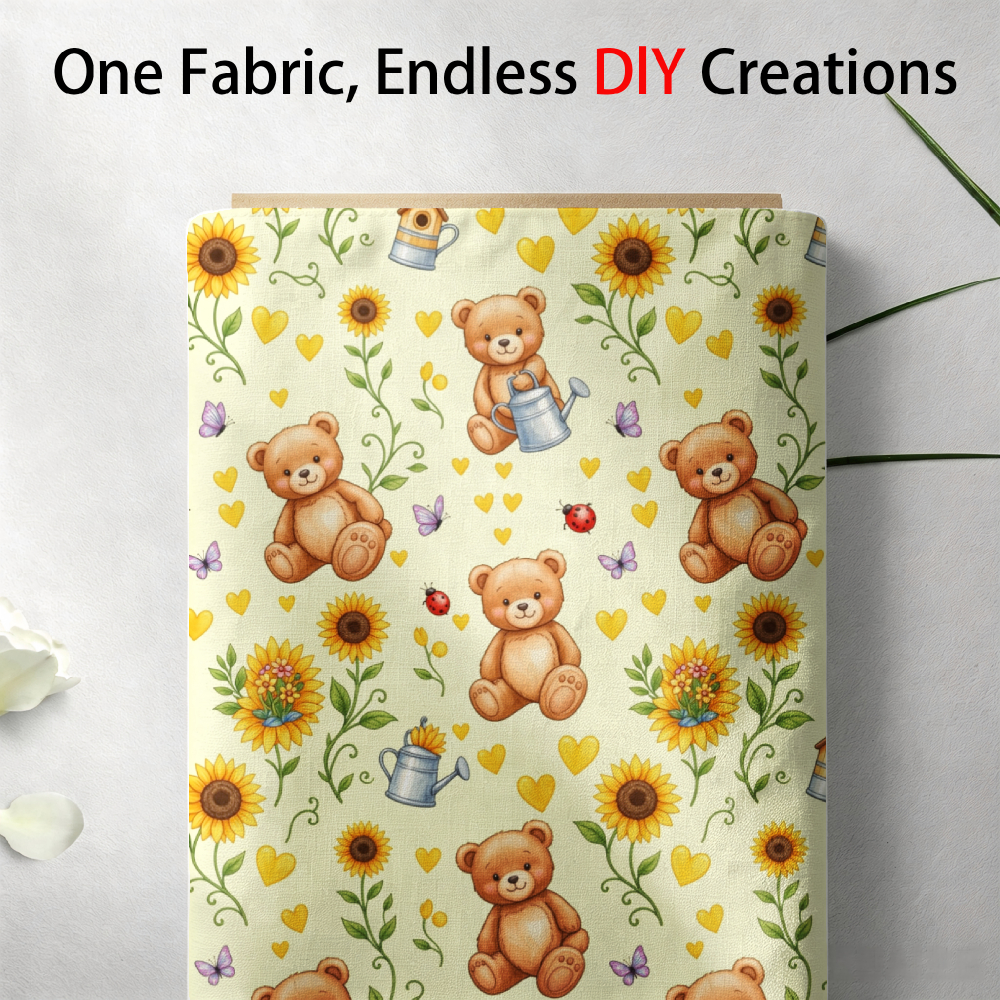 TEMU 1pc Teddy Bear & Sunflower Heart Print Fabric Suitable For Quilting Sewing Crafts, Pre-cut Baby Blankets Toys Nursery Decor Diy, 100% Polyester